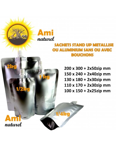 SACHETS STAND UP ALUMINIUM AVEC OU SANS BOUCHONS-  DIVERSES dimensions